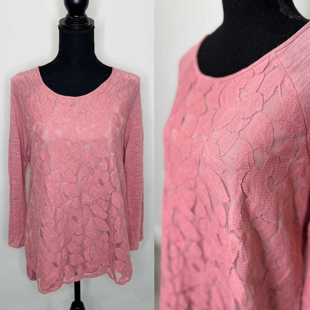 Colour Works Front Lace Floral Pink Long Sleeve Top (Medium)